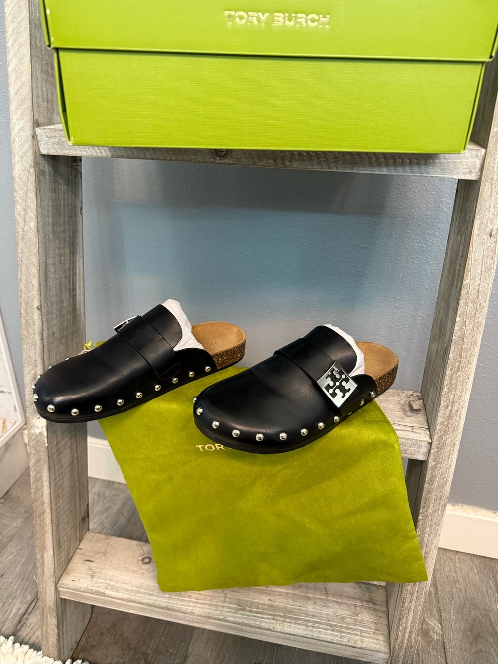 Tory Burch Black Leather Studded mellow mules